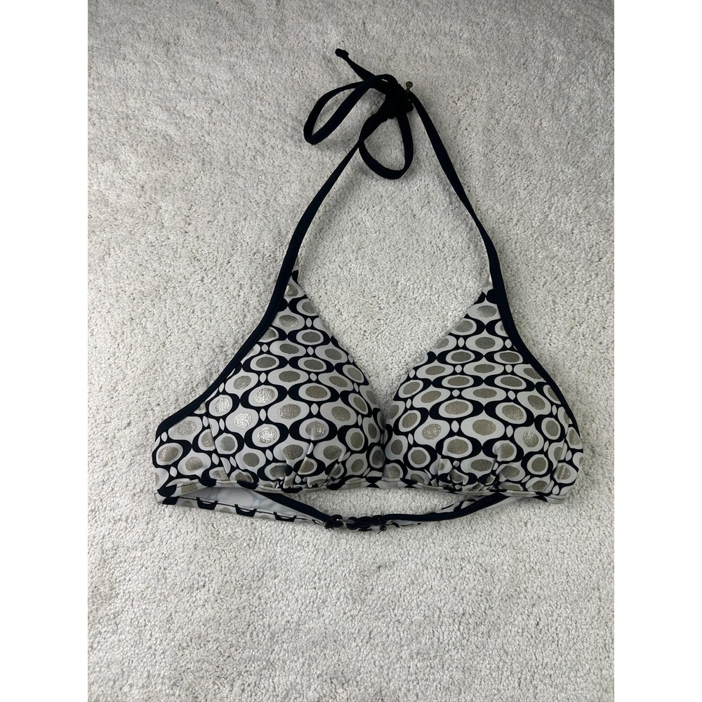 Liquid Blue Bikini Top Womens Medium Halter Swim Geometric Print Tie Silver Blac